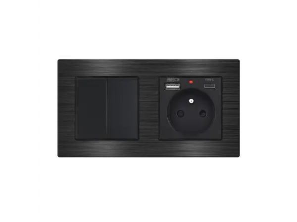 unic elektricka zasuvka (230v+usb+usbc 5v) + dvojvypinac lustrovy seriovy c.5 v ramecku 153mm, slitina hliniku cerny