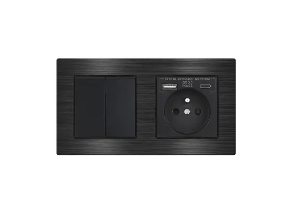unic elektricka zasuvka (230v+usb+usbc 5v rychle nabijeni) + dvojvypinac lustrovy seriovy c.5 v ramecku 153mm, slitina hliniku cerny