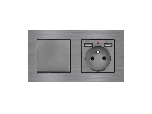 unic elektricka zasuvka (230v+2xusb 5v/2,1a) + vypinac jednopolovy c.1 v ramecku 153mm, slitina hliniku sedy