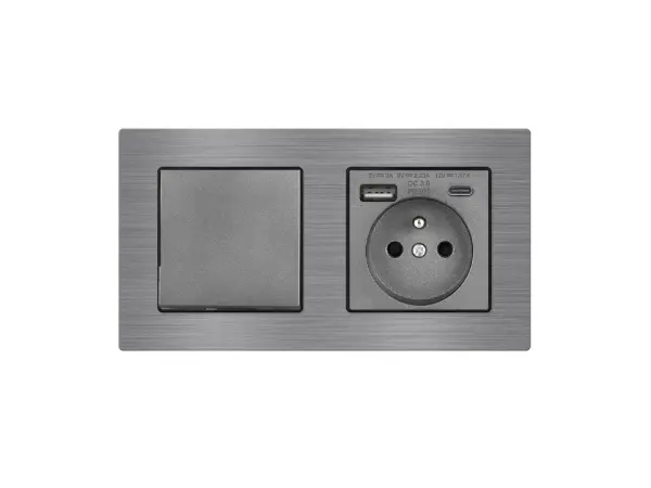 unic elektricka zasuvka (230v+usb+usbc 5v rychle nabijeni) + vypinac jednopolovy c.1 v ramecku 153mm, slitina hliniku sedy