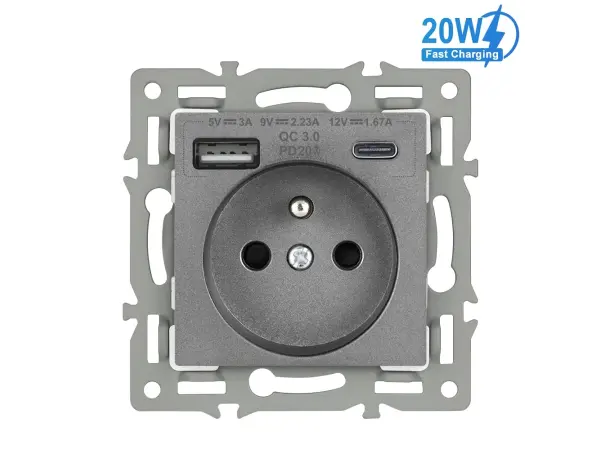 unic elektricka zasuvka (230v+usb+usbc 5v rychle nabijeni) + vypinac jednopolovy c.1 v ramecku 153mm, slitina hliniku sedy