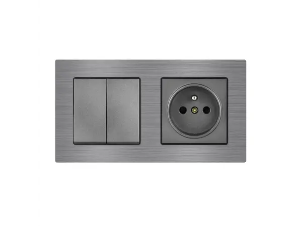 unic elektricka zasuvka 230v + dvojvypinac lustrovy seriovy c.5 v ramecku 153mm, slitina hliniku sedy
