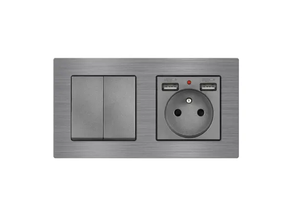 unic elektricka zasuvka (230v+2xusb 5v/2,1a) + dvojvypinac lustrovy seriovy c.5 v ramecku 153mm, slitina hliniku sedy