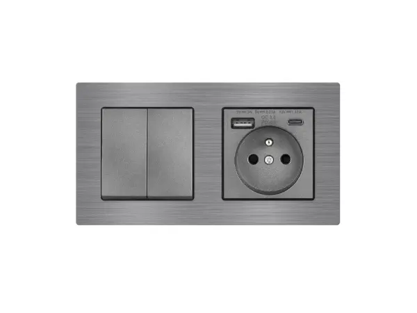 unic elektricka zasuvka (230v+usb+usbc 5v rychle nabijeni) + dvojvypinac lustrovy seriovy c.5 v ramecku 153mm, slitina hliniku sedy