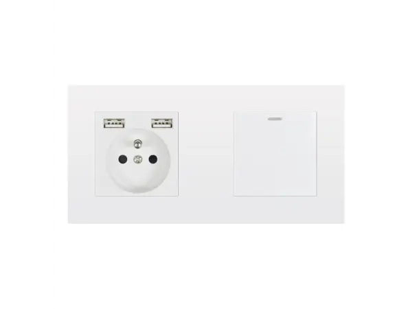 sran elektricka zasuvka 230v+2usb5v/2,1a + vypinac schodistovy/krizovy v ramecku 172mm, plast bily