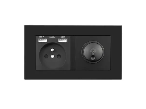 sran elektricka zasuvka 230v+usb+usb 5v/2,1a + led otocny stmivac 230v/1a  v ramecku 147mm, plast cerny