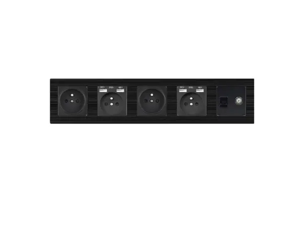 sran elektricka petizasuvka mdnrj45+tv + 230v 16a + 230v+2*usb 5v/2,1a v ramecku 420mm, plast cerny