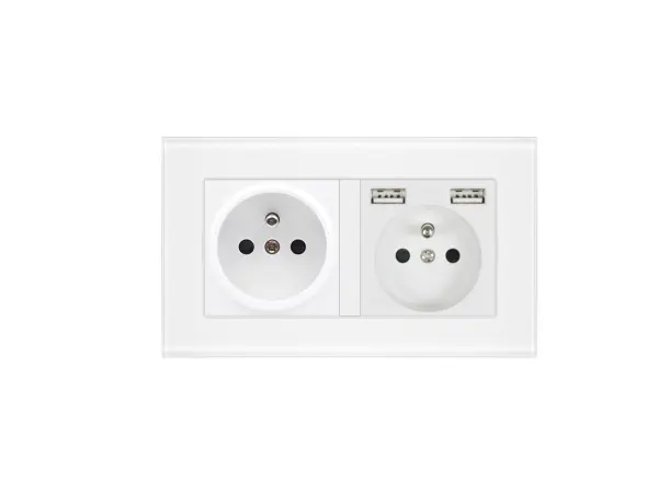 sran elektricka zasuvka 2x230v+2xusb 5v/2.1a, v ramecku sklo bily