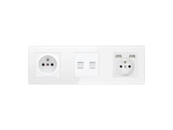 sran trojnasobny skleneny ramecek vcetne modulu 230v+230v s 2*usb 5v a zasuvky 2xrj45 v ramecku 258mm, sklo bily