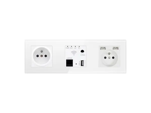 sran elektricka sklenena trojzasuvka 230v, 2*usb 5v/2,1a , wifi socket v ramecku 258mm, sklo bily
