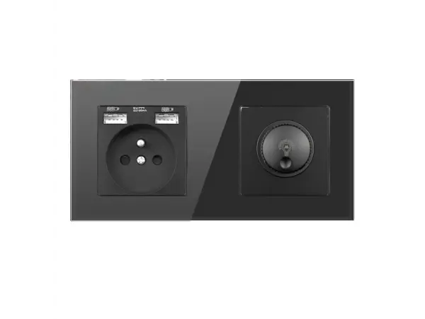 sran elektricka zasuvka 230v+2usb 5v/2,1a + led otocny stmivac  v ramecku 172mm, cerny sklo