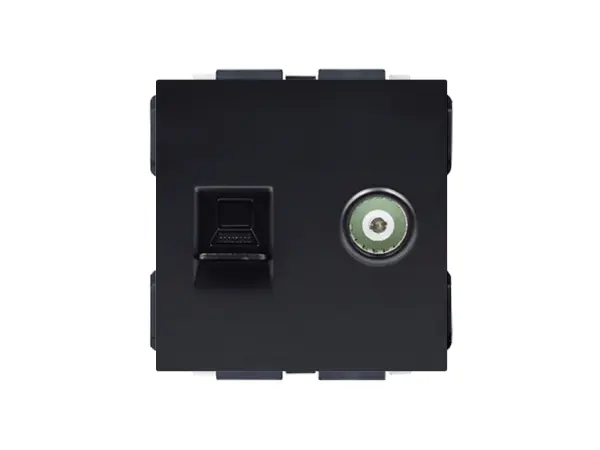 sran elektricka zasuvka 230v+2*usb + rj45+tv v ramecku 147mm, cerna sklo