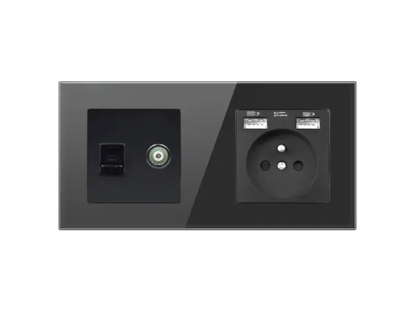 sran elektricka zasuvka 230v+2*usb + rj45+tv v ramecku 147mm, cerna sklo