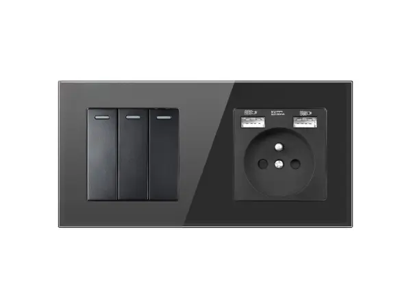 sran elektricka zasuvka 230v+2*usb 5v/2,1a + trojvypinac v ramecku 147mm, cerna sklo