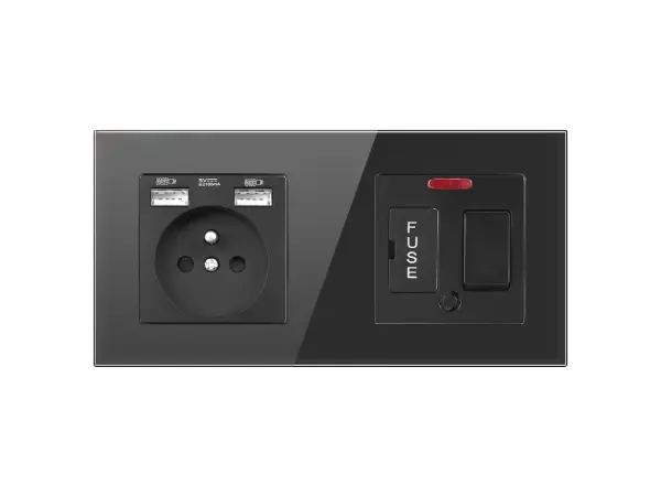 sran zasuvka 230v+2xusb5v + vypinac s pojistkou a kontrolkou s cernym sklenenym rameckem 