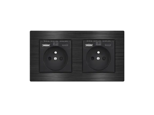 unic elektricka zasuvka 2x (230v+usb+usb c 5v/2,1a) rychle nabijeni, v ramecku 153mm, slitina hliniku cerna