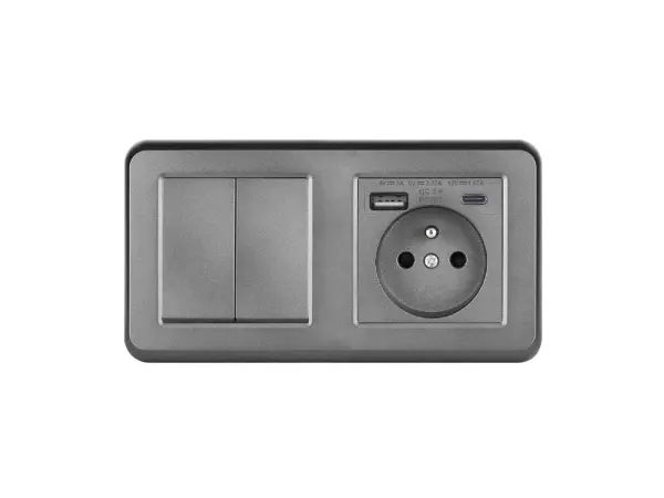 unic elektricka zasuvka (230v+usb+usbc 5v rychle nabijeni) + dvojvypinac lustrovy seriovy c.5 v ramecku 153mm, plast sedy