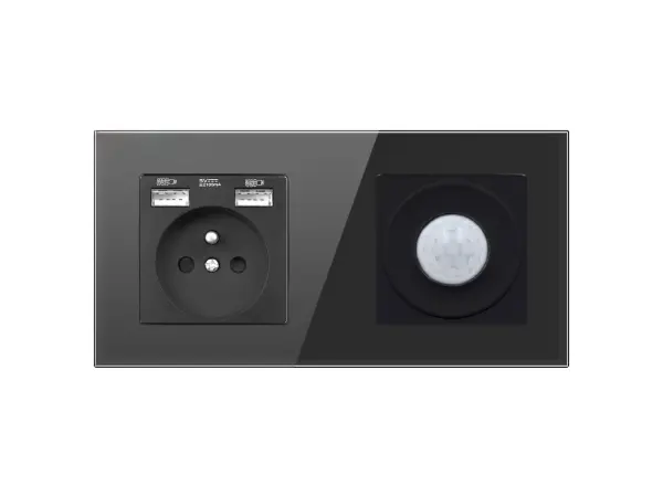 sran zasuvka 230v+2xusb5v +pir vypinac se sklenenym dvojrameckem dvojrameckem sklo cernym