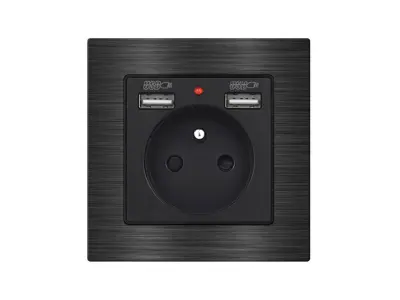 UNIC Elektrick� z�suvka 230V+2*USB 5V/2.1A �ern�, v r�me�ku 82mm, slitina hlin�ku