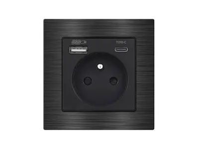 UNIC Elektrick� z�suvka 230V+USB+USB C 5V Rychl� nab�jen�, v r�me�ku 82mm, slitina hlin�ku �ern�