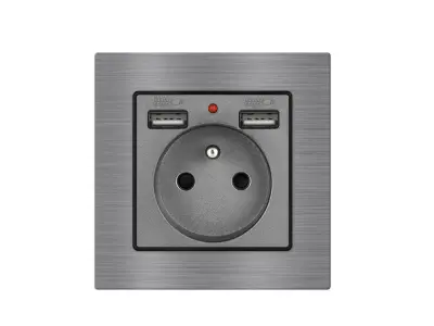 UNIC Elektrick� z�suvka 230V+2*USB 5V/2.1A �ed�, v r�me�ku 82mm, slitina hlin�ku