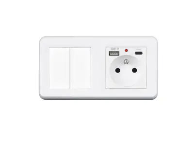 UNIC Elektrick� z�suvka (230V+USB+USBc 5V) + dvojvyp�na� lustrov� s�riov� �.5 v r�me�ku 153mm, plast b�l�