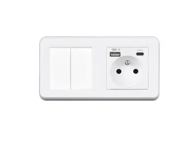 UNIC Elektrick� z�suvka (230V+USB+USBc 5V Rychl� nab�jen�) + dvojvyp�na� lustrov� s�riov� �.5 v r�me�ku 153mm, plast b�l�