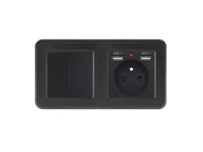 UNIC Elektrick� z�suvka (230V+2xUSB 5V/2,1A) + dvojvyp�na� lustrov� s�riov� �.5 v r�me�ku 153mm, plast �ern�