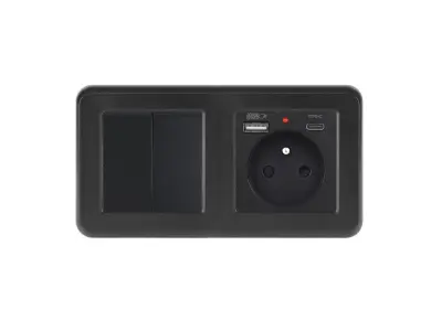 UNIC Elektrick� z�suvka (230V+USB+USBc 5V) + dvojvyp�na� lustrov� s�riov� �.5 v r�me�ku 153mm, plast �ern�