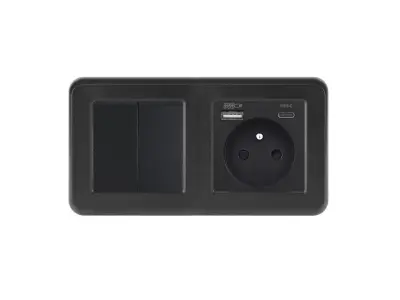 UNIC Elektrick� z�suvka (230V+USB+USBc 5V Rychl� nab�jen�) + dvojvyp�na� lustrov� s�riov� �.5 v r�me�ku 153mm, plast �ern�