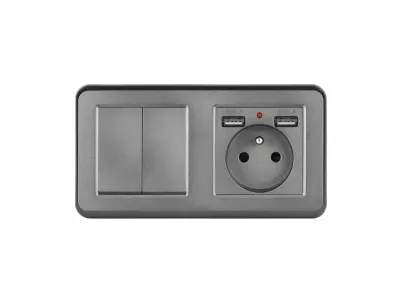 UNIC Elektrick� z�suvka (230V+2xUSB 5V/2,1A) + dvojvyp�na� lustrov� s�riov� �.5 v r�me�ku 153mm, plast �ed�