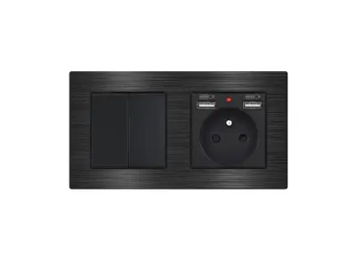 UNIC Elektrick� z�suvka (230V+2xUSB 5V/2,1A) + dvojvyp�na� lustrov� s�riov� �.5 v r�me�ku 153mm, slitina hlin�ku �ern�