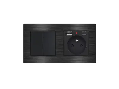 UNIC Elektrick� z�suvka (230V+USB+USBc 5V) + dvojvyp�na� lustrov� s�riov� �.5 v r�me�ku 153mm, slitina hlin�ku �ern�