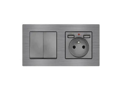 UNIC Elektrick� z�suvka (230V+2xUSB 5V/2,1A) + dvojvyp�na� lustrov� s�riov� �.5 v r�me�ku 153mm, slitina hlin�ku �ed�