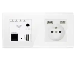 SRAN Wifi repeater + modul z�suvka 230V+2xUSB  5V/2,1A v r�me�ku, sklo b�l�  - 580 K�
