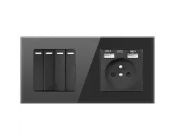 SRAN Elektrick� z�suvka 230V+2*USB + 4vyp�na� v r�me�ku, sklo �ern� - 226 K�
