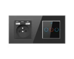 SRAN z�suvka 230V+2xUSB + AiWiFi trojvyp�na� s dvojr�me�kem sklo �ern� - 648 K�