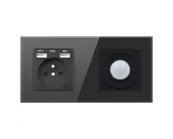 SRAN z�suvka 230v+2xUSB5V +PIR vyp�na� se sklen�n�m dvojr�me�kem dvojr�me�kem sklo �ern�m - 226 K�