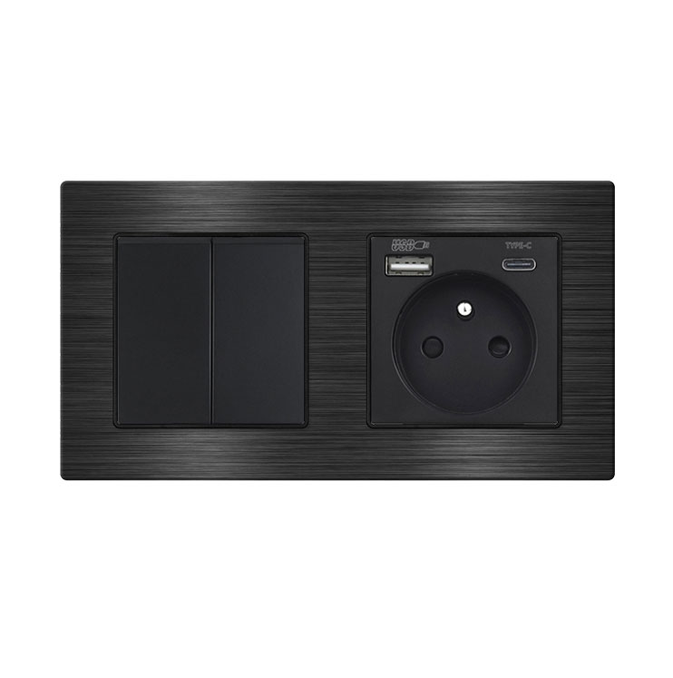 UNIC Elektrick zsuvka (230V+USB+USBc 5V Rychl nabjen) + dvojvypna lustrov sriov .5 v rmeku 153mm, slitina hlinku ern